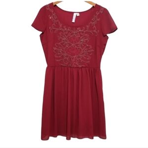 Alya Red Beaded Embroidered Skater Dress M